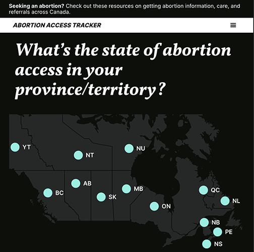 Screenshot from the home page of the Abortion Access Tracker showing a map of Canada with points across the map