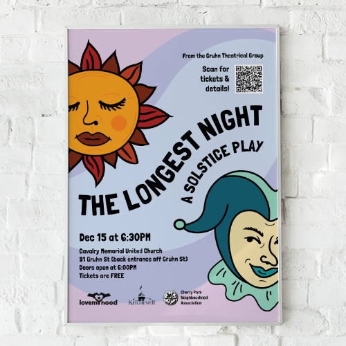 A poster with an illustrated sun and jester hanging on a white brick wall