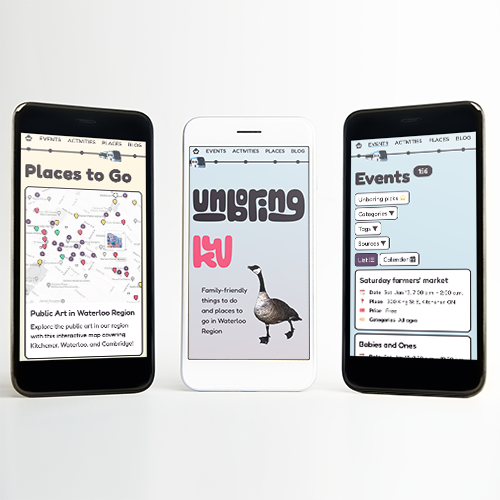 Three screens from Unboring KW: the home screen, the events screen, and a map of public art